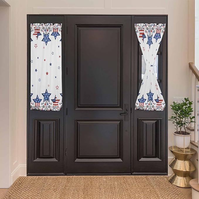 French Door Curtain Panel for Front Door, 4th of July Red Blue Stars American Flag Theme Slidelight Door Curtains with Tieback Light Filtering Privacy Panels for Doorway Entryway 25"x 40"
