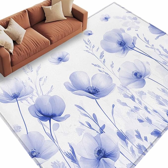Flower 9'x12' Large Area Rugs, Blue Washable Area Rugs Non-Slip Indoor Floor Mats Large Carpet for Living Room Bedroom Dining Room