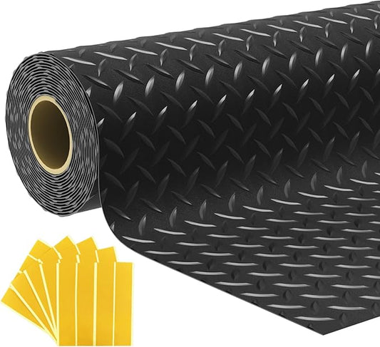 7.5x20 FT Garage Floor Mat, 2.8mm Thickened Flooring Roll Under Car Mat with 20Pcs Tapes, Diamond Plate, Non-Slip Floor Protector Mat for Trailer, Garage, Warehouse, Gyms, Trailer, Matte Black
