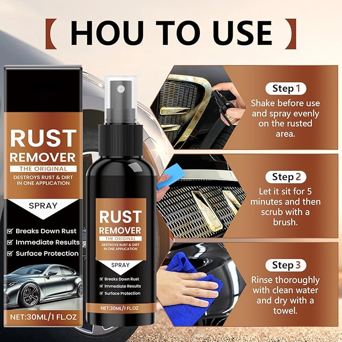 Rust Remover Spray Heavy Duty Metal Cleaner, Upgrade Rust Remover for Metal, Multipurpose Rust Stain Remover Spray, Iron Remover Car Detailing,Heavy Duty Rust Dissolver for Metal (30ML*3Pcs)