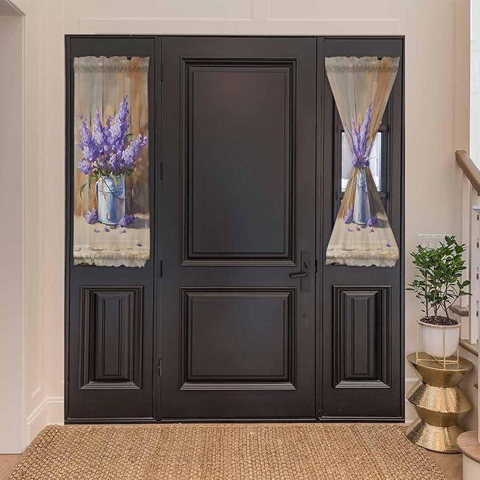 French Door Curtain Panel for Front Door, Lavender Wood Fence Oil Painting Country Slidelight Door Curtains with Tieback Light Filtering Privacy Panels for Doorway Entryway 25"x 40"