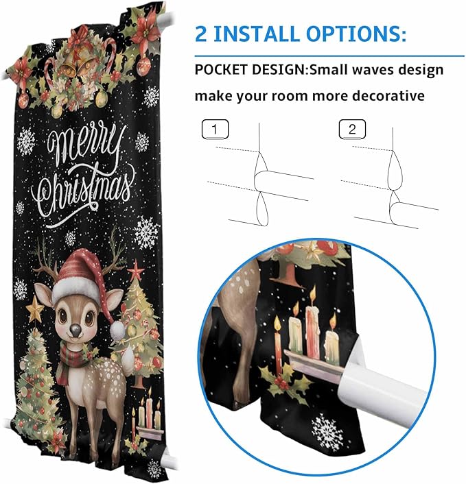 Christmas French Door Curtain Panel for Front Door, Christmas Tree Winter Deer Garland Bell Poinsettia Black Slidelight Door Curtains with Tieback Light Filtering Privacy Panels for Entryway 25"x 40"