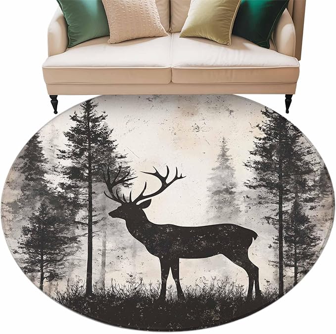 Elk Round Rug 6 Ft, Deer Silhouette Circle Area Rugs Washable Non Slip Indoor Floor Mats Carpet for Living Room Bedroom Dining Room Home Decor