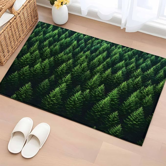 Green Forest Entryway Rug 2'x3', Pine Trees Forest Landscape Style Summer Small Area Rug Non-Slip Front Door Mat Washable Floor Carpet for Indoor Entrance Kitchen Bathroom