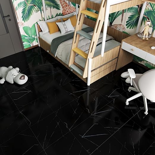 Wallercity Glossy Black Marble Peel and Stick Floor Tile Waterproof Vinyl Flooring Adhesive 6PCS Peel and Stick Bathroom Floor Tile with White Veins Sticky Tiles for Bedroom Kitchen Basement 12''x12''