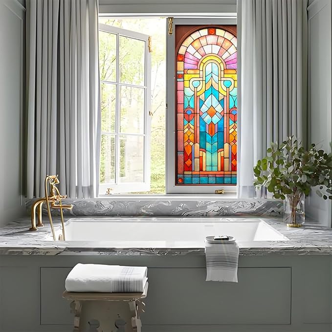 Stained Glass Window Film 17.3 x 39.4 Inch Decorative Privacy Window Sticker Colorful Geometric Static Cling Window Cover for Bathroom Bedroom Office Home Glass Decor