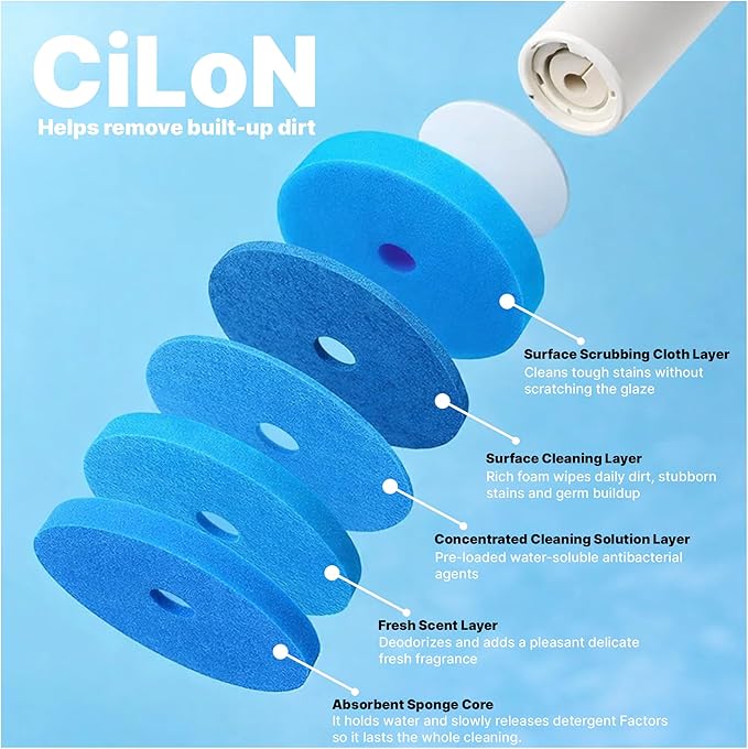 CiLoN 24 Count Carry Detergent Disposable Toilet Brush Refill Pads. 5-Layer Rich Foam Cleaning Sponge Head Replacements. Pre-Loaded Disposal Scrubbing Head Refills For Toilet Wands. 24 Pads-Value Pack