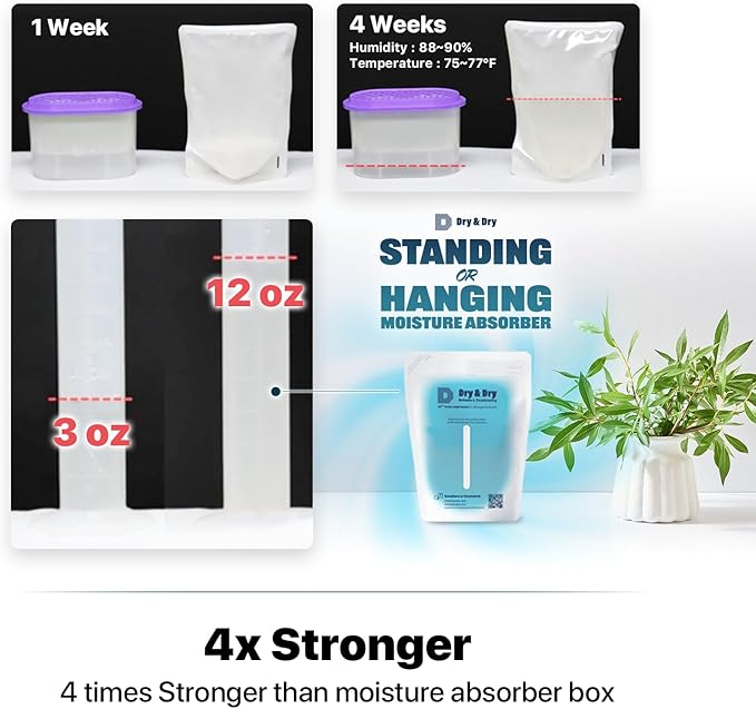 Dry & Dry 10 Packs Hybrid Moisture Absorbers to Control Excess Moisture for Basements, Closets, Bathrooms, Laundry Rooms - Moisture Absorbers, Standing or Hanging Moisture Absorbers