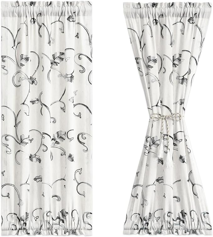 VOGOL French Door Curtains, Vines Embroidery Privacy Window Panels for Farmhouse Glass Door, 1 Panel 25 x 40 Inches Sidelight Doorway Curtain, Grey on Beige