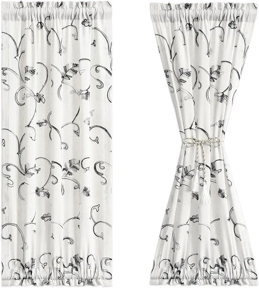 VOGOL French Door Curtains, Vines Embroidery Privacy Window Panels for Farmhouse Glass Door, 1 Panel 25 x 40 Inches Sidelight Doorway Curtain, Grey on Beige