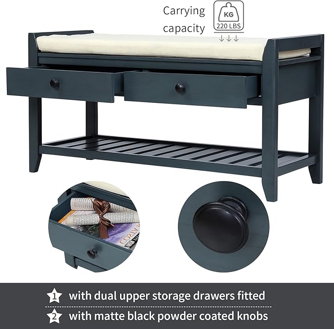 Knocbel Entry Storage Bench Shoes Rack with Cushioned Seat, 2 Drawers & Slatted Shelf, Living Room Entryway Hallway Foyer Shoe Bench Bedroom End of Bed Bench (Antique Navy)