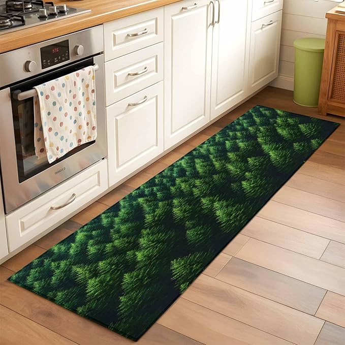 Green Forest Runner Rug 2'x6', Pine Trees Forest Landscape Style Summer Hallway Runner Rugs Washable Non-Slip Bedside Floor Mats Carpet for Kitchen Bedroom Laundry Room Bathroom