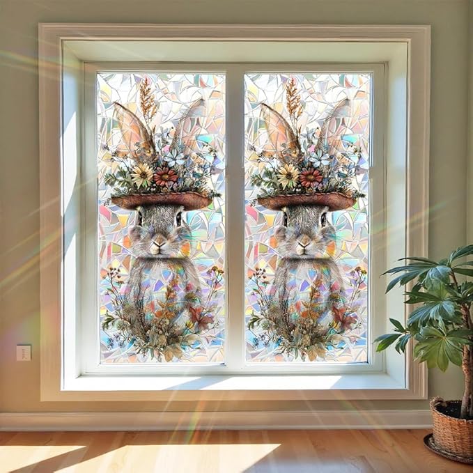 Easter Window Privacy Film 39.4 x 17.3 Inch PVC Bunny Floral Hat Crescent Texture Decorative Glass Covering with Sunlit Glossy Shine for Bathroom Kitchen Living Room Privacy Accent