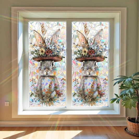 Easter Window Privacy Film 39.4 x 17.3 Inch PVC Bunny Floral Hat Crescent Texture Decorative Glass Covering with Sunlit Glossy Shine for Bathroom Kitchen Living Room Privacy Accent