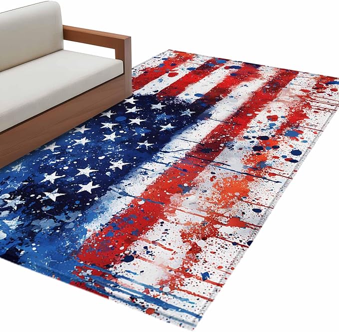 Mottled Red Blue White Stars Painted Flag Area Rugs 2.7'x5', Washable Area Rugs Non-Slip Indoor Floor Mats Carpet for Living Room Bedroom Dining Room