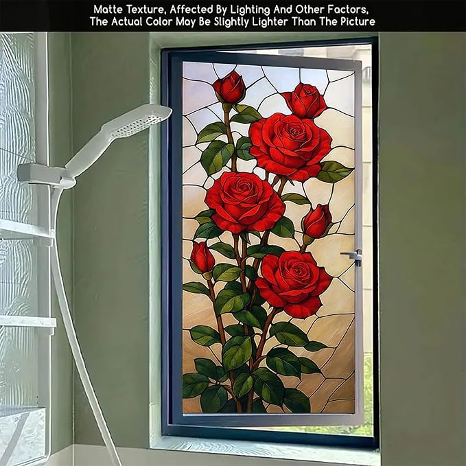 Red Rose Privacy Film Stained Glass Style Static Cling No Glue Decorative Panel Light Filtering Cover for Living Room Door Entryway 17.7x39.3 inch