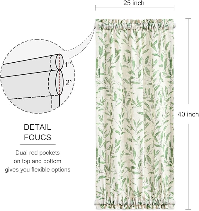 VOGOL Short Sliding Door Curtain, Green Leaves Pattern Linen Textured Door Panels, View Reducing Rod Pocket Drapery for Doorways, 25 x 40 Inches, 1 Pack