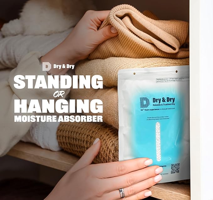 Dry & Dry 60 Packs Hybrid Moisture Absorbers to Control Excess Moisture for Basements, Closets, Bathrooms, Laundry Rooms - Moisture Absorbers, Standing or Hanging Moisture Absorbers