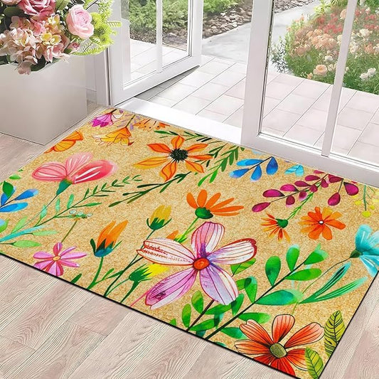 Door Mat Floral Door Mats Colorful Flowers Doormat Outdoor Entrance, Non Slip Welcome Mat with Rubber Backing for Front Door, Entryway, Low Profile, Absorbent 18in*30in
