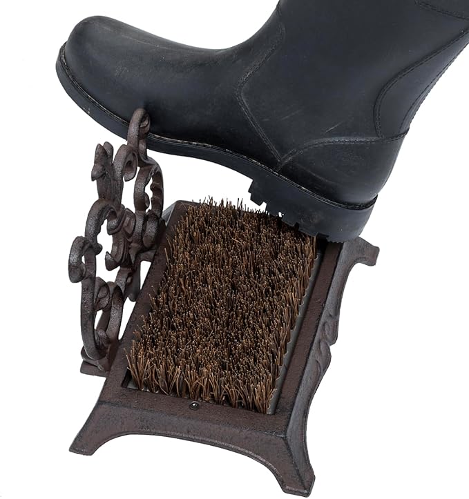 MyGift Heavy Duty Shoe Brush Outdoor, Boot Scraper Scrubber, Boot Mud Cleaning Dirt Remover Brush for Porch, Rustic Dark Brown Cast Iron with Vintage Baroque Scrollwork Design
