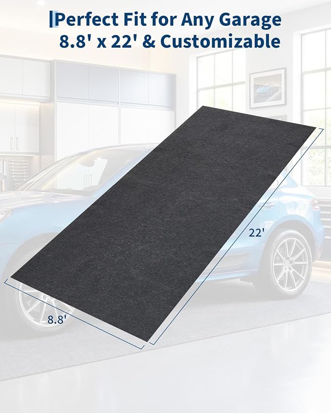 Garage Mat 8.8'x22', Waterproof Floor Cover with PE Leak-Proof Backing, Slip-Resistant Felt Surface Protects Against Water Snow Mud Oil, Easy to Clean & Trim for Workshop, Driveway, or Garage