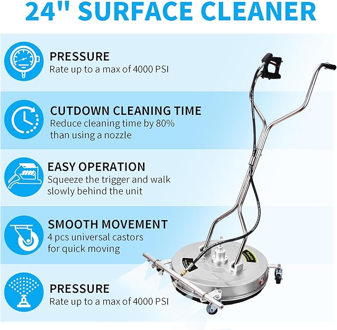 24" Pressure Washer Surface Cleaner Mate with 5 Nozzles Water Broom, Stainless Steel Dual Handle Power Washer Surface Cleaner for Patio Decker Concrete Driveway, 4200 PSI