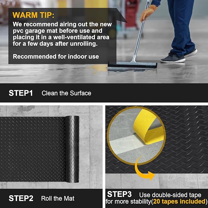 7.5x20 FT Garage Floor Mat, 2.8mm Thickened Flooring Roll Under Car Mat with 20Pcs Tapes, Diamond Plate, Non-Slip Floor Protector Mat for Trailer, Garage, Warehouse, Gyms, Trailer, Black