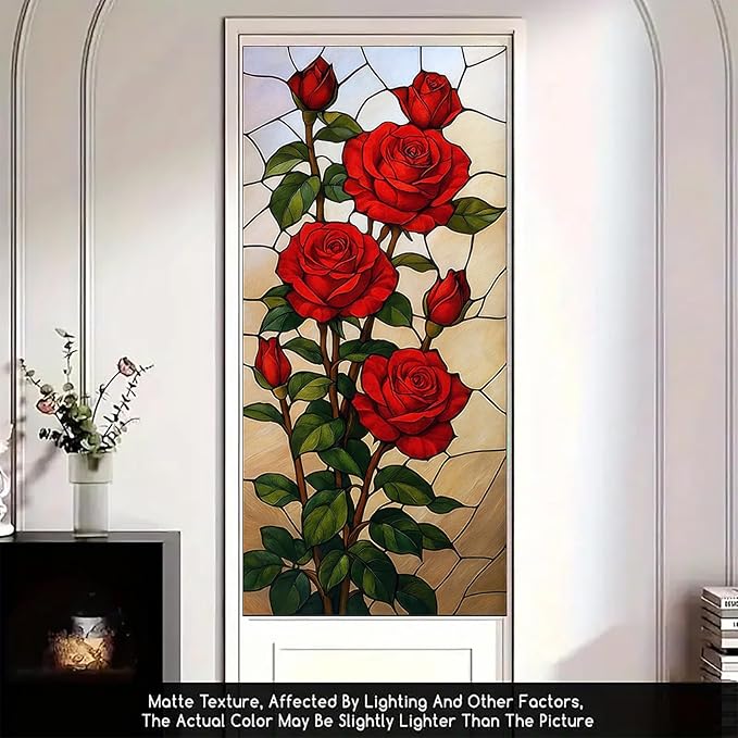 Red Rose Privacy Film Stained Glass Style Static Cling No Glue Decorative Panel Light Filtering Cover for Living Room Door Entryway 17.7x39.3 inch