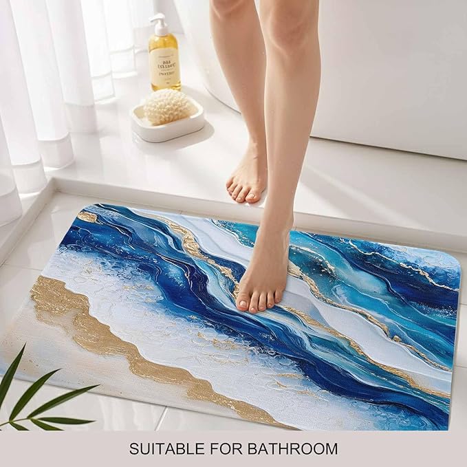 Abstract Spray Doormat Gold White Blue Ocean Oil Painting Style Non Slip Low Profile Rubber Door Mat Washable Absorbent Indoor Front Door Mat Entryway Rug Entrance Carpet 16x24 Inch
