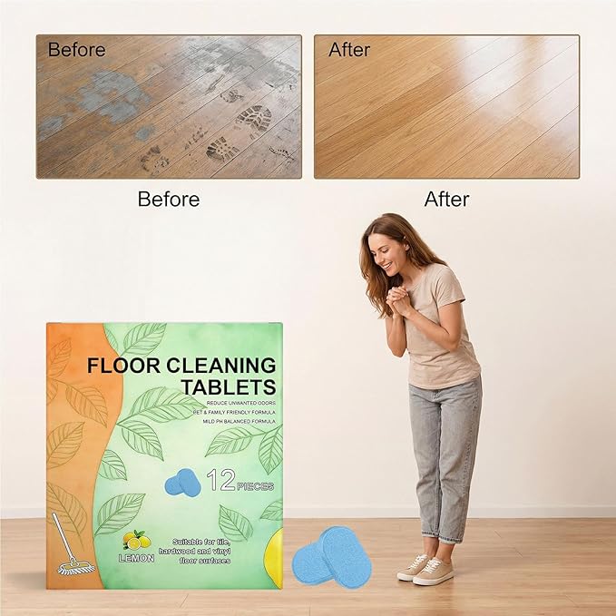 Floor Cleaning Tablets, 24pcs Floor Cleaner Tablets For Mopping, Effective Mild Sheets Tablet, Hard Floors Cleaner For Tiles Marble Laminate Home Indoor Kitchen Bedroom Bathroom, Lemon Scent