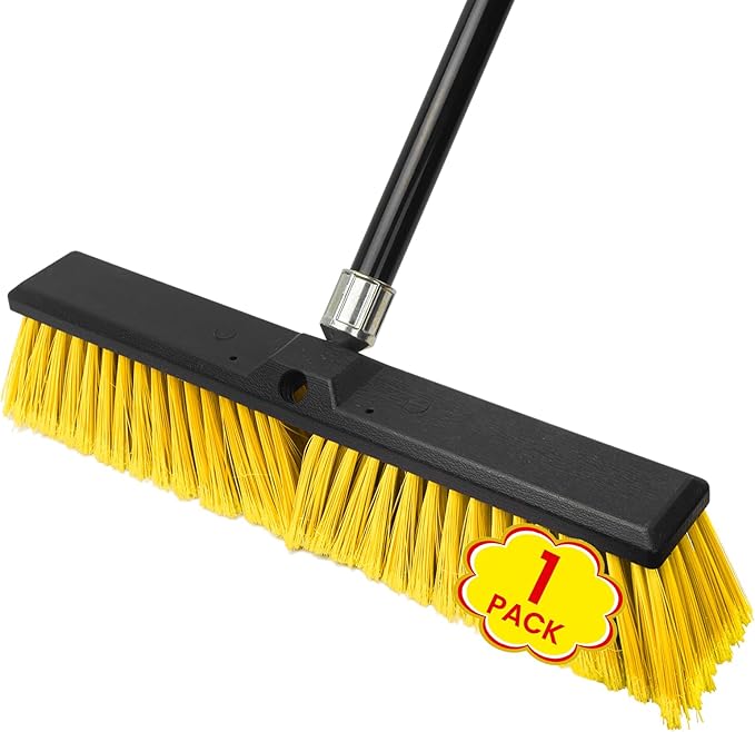 18 Inches Push Broom Outdoor，Commercial Broom Brush，Stiff Bristle Brush with 61.8 inches Long Handle for Patio Garage Deck Street Shop Warehouse Lawn Driveway -1 Pack