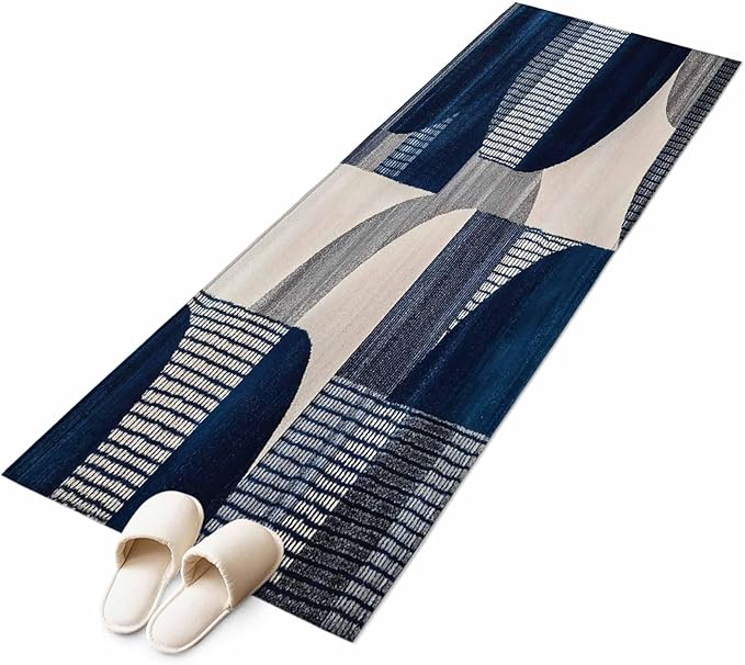 Modernism Runner Rug 2'x6', Blue White Geometric Abstract Design Hallway Runner Rugs Washable Non-Slip Bedside Floor Mats Carpet for Kitchen Bedroom Laundry Room Bathroom
