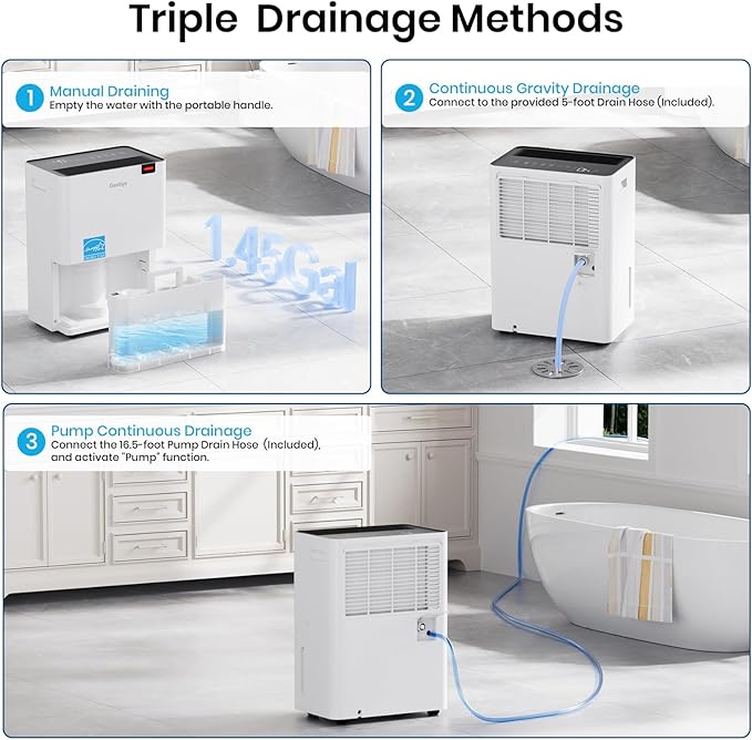 Gasbye Energy Star 2026 Dehumidifier with [𝗥𝗲𝗽𝗹𝗮𝗰𝗲𝗮𝗯𝗹𝗲 Pump] for Basement – [44dB Quiet, Easy to Clean & Clog-Free], Max 75 Pints/Day, 16.5ft Drain Hose, Auto Shut-Off, Auto-restart, White
