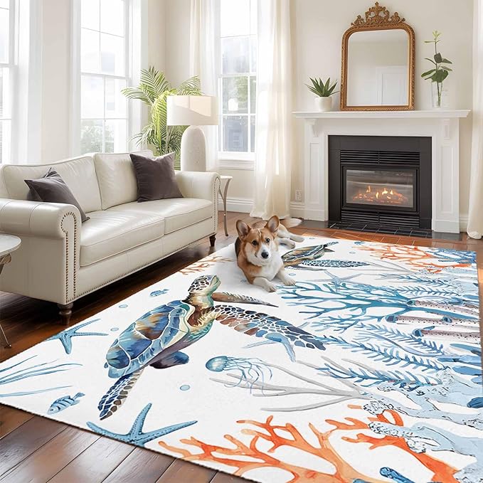 Sea Turtle 8'x10' Large Area Rugs, Seagrass Coral Starfish Washable Area Rugs Non-Slip Indoor Floor Mats Large Carpet for Living Room Bedroom Dining Room