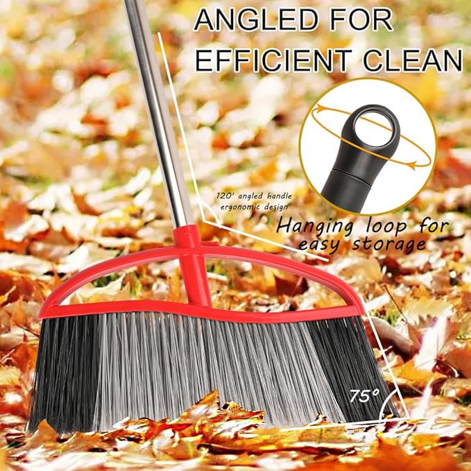 Commercial Heavy Duty Outdoor Broom, 15.7" Extra Wide Angle Broom with 4-Layer Stiff Bristles, Adjustable 38-53.5" Handle for Patio Garage Garden Yard Concrete (Red)
