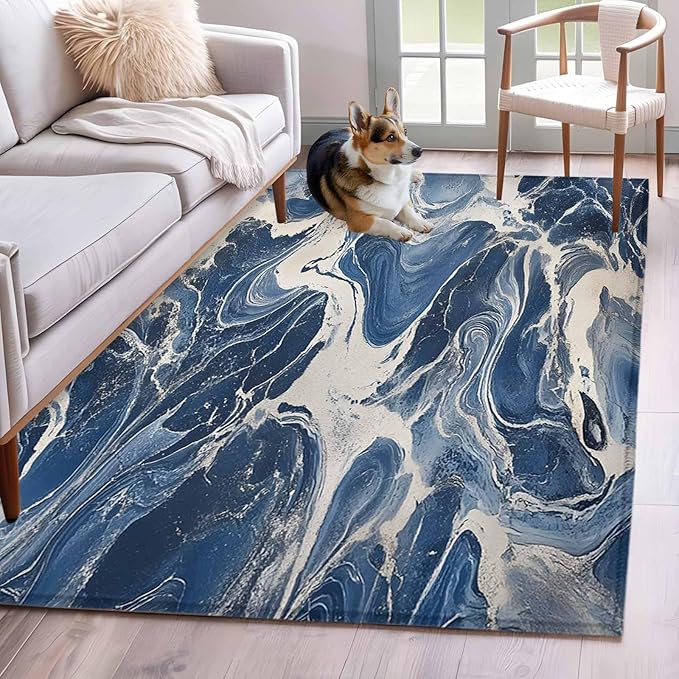 Impressionist Style 4'x6' Area Rugs, White Blue Blurred Wash Washable Area Rugs Non-Slip Indoor Floor Mats Carpet for Living Room Bedroom Dining Room
