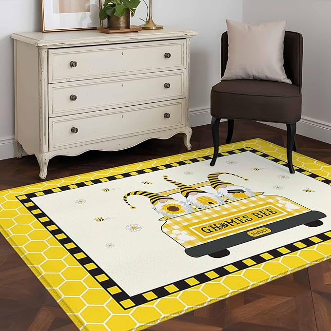 Honey Gnomes 4'x6' Area Rugs, Bees Hive Sunflower Truck Washable Area Rugs Non-Slip Indoor Floor Mats Carpet for Living Room Bedroom Dining Room