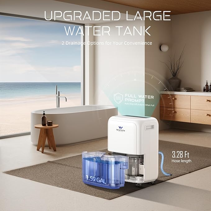 Most Efficient Energy Star Dehumidifier, Wellsle Smart Dehumidifier for Basement and Home, Humidity Adjustment with 0.4 Gal Water Tank and Drain Hose 34dB Quiet Operation for Bedroom (52 Pints)