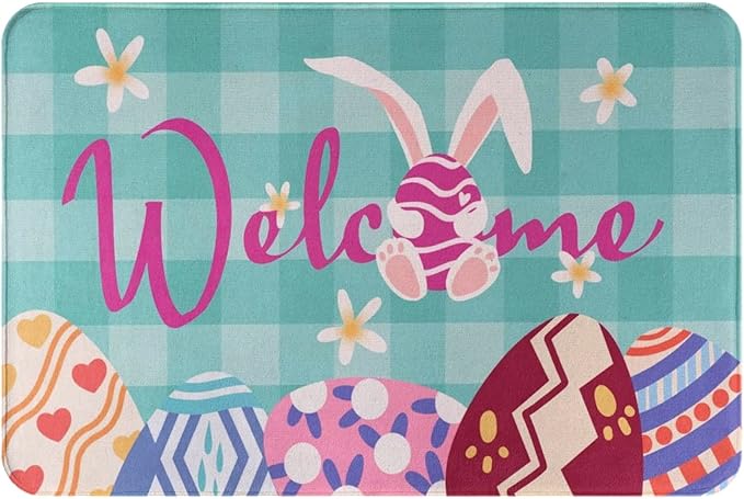 Welcome Mats for Front Door Entry Easter Eggs Rabbit Doormat Non Slip Mats Door Mats for Kitchen Bathroom Bedroom Living Rooom Decor 20x32 inch