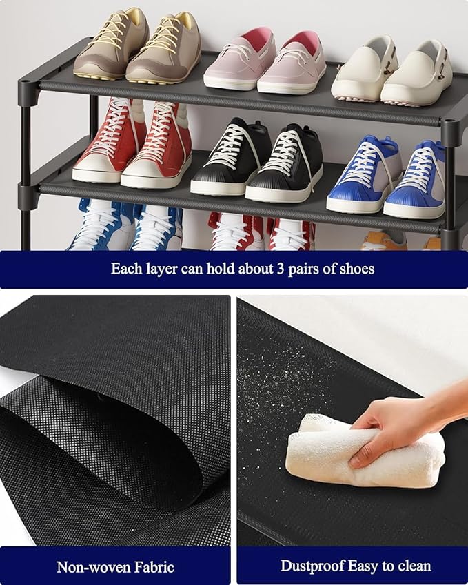 3-Tier Shoe Rack Organizer – Stackable Non-Woven Shoe Shelf, 27.5” Wide Shoe Storage for Closet, Entryway, Garage & Corridor – Space-Saving Shoe Shelves – Includes Shoe Brush & Shoe Horn, Black