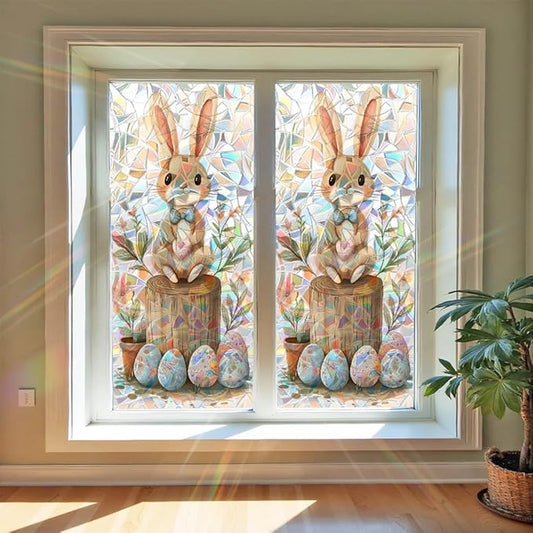 Window Film 17.3 x 39.4 Inch Easter Bunny and Painted Egg Design PVC Decorative Privacy Window Covering for Seasonal Home Styling Spring Glass Surface Decor