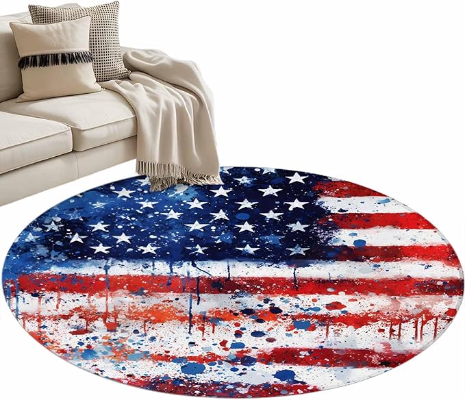 Mottled Red Blue White Stars Painted Flag Round Rug 4 Ft, Circle Area Rugs Washable Non Slip Indoor Floor Mats Carpet for Living Room Bedroom Dining Room Home Decor