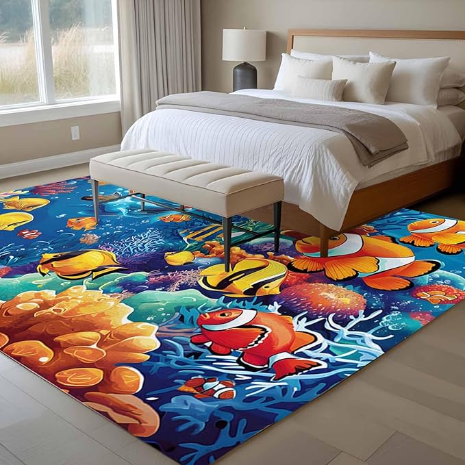 Ocean Marine 5'x8' Large Area Rugs, Life Fish Coral Seagrass Underwater Coastal Washable Area Rugs Non-Slip Indoor Floor Mats Large Carpet for Living Room Bedroom Dining Room