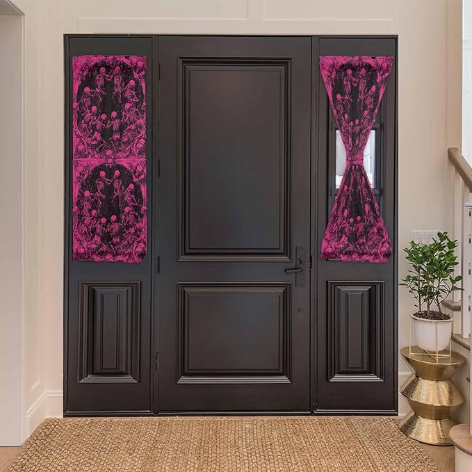 French Door Curtain Panel for Front Door, Dark Pink Halloween Skulls Slidelight Door Curtains with Tieback Light Filtering Privacy Panels for Doorway Entryway 25"x 40"