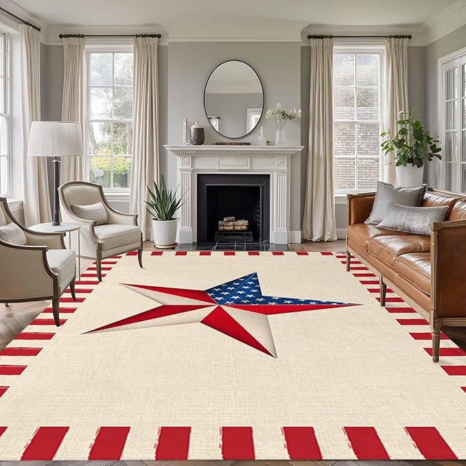 Farmhouse American Flag Pentagram 6'x9' Large Area Rugs, Washable Area Rugs Non-Slip Indoor Floor Mats Large Carpet for Living Room Bedroom Dining Room