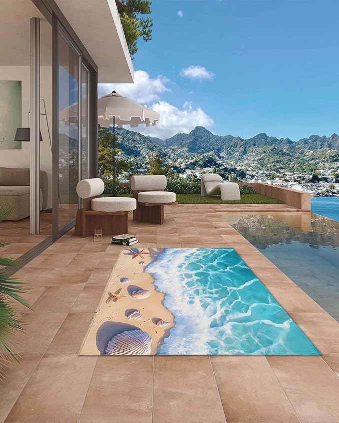Outdoor Area Rugs for Patio 6'x9' Ocean Gradient Spray Beach Shell Starfish Entryway Rug Carpet Doormat, Large Floor Mat for Porch, Backyard, Apartment Balcony, Deck, Beach