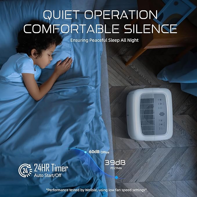 Most Efficient Energy Star Dehumidifier, Wellsle Smart Dehumidifier for Basement and Home, Humidity Adjustment with 0.4 Gal Water Tank and Drain Hose 34dB Quiet Operation for Bedroom (52 Pints)