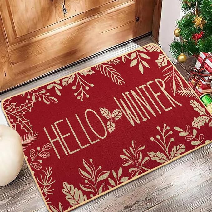 Hello Winter Door Mat Welcome Doormat, Winter Christmas Red Outdoor Rug Leaves Decor Floor Front Door Mat Non-Slip Entrance Mat for Home Kitchen Bathroom Decorations 17 X 29 Inch