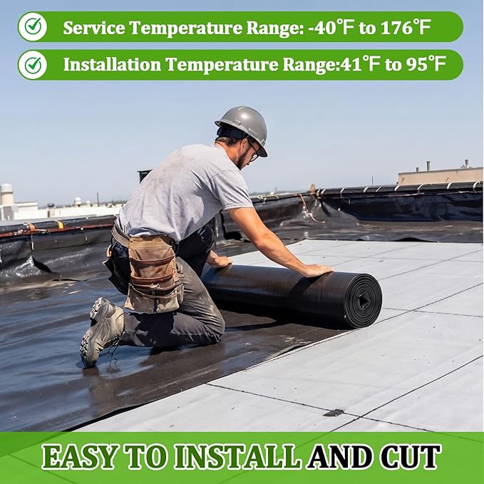 Pushglossy 1 Roll EPDM Rubber Roofing Membrane 39" x 15ft, Self-Adhesive Waterproof Underlayment, 47 Mil Reinforced Flat Roof Sheet, Ice and Water Sheet for RV, Shed, Garage and Patio