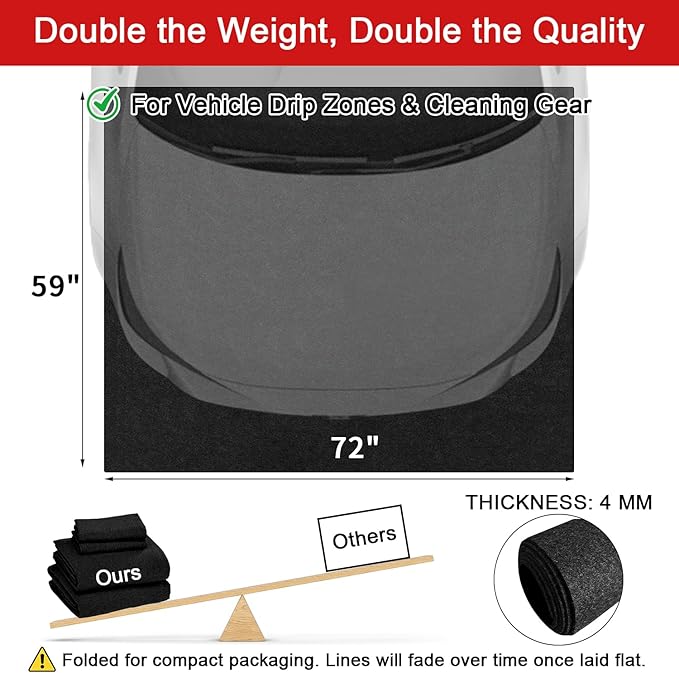 Golener Oil Spill Mat - 59”x72” Garage Floor Mat for Under Car, Absorbent Oil Mat, Rubber Floor Mats, Waterproof, Contain Liquid, Protect Garage Surface from Spills, Reusable, Washable, Durable, Black